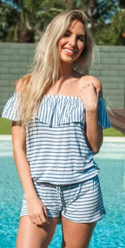 Splendid Chambray All Day Off The Shoulder Romper SP48777-BLU -Southbeachswimsuits Shop SPlendidsummer2017chambrayalldayromperIMG 4966