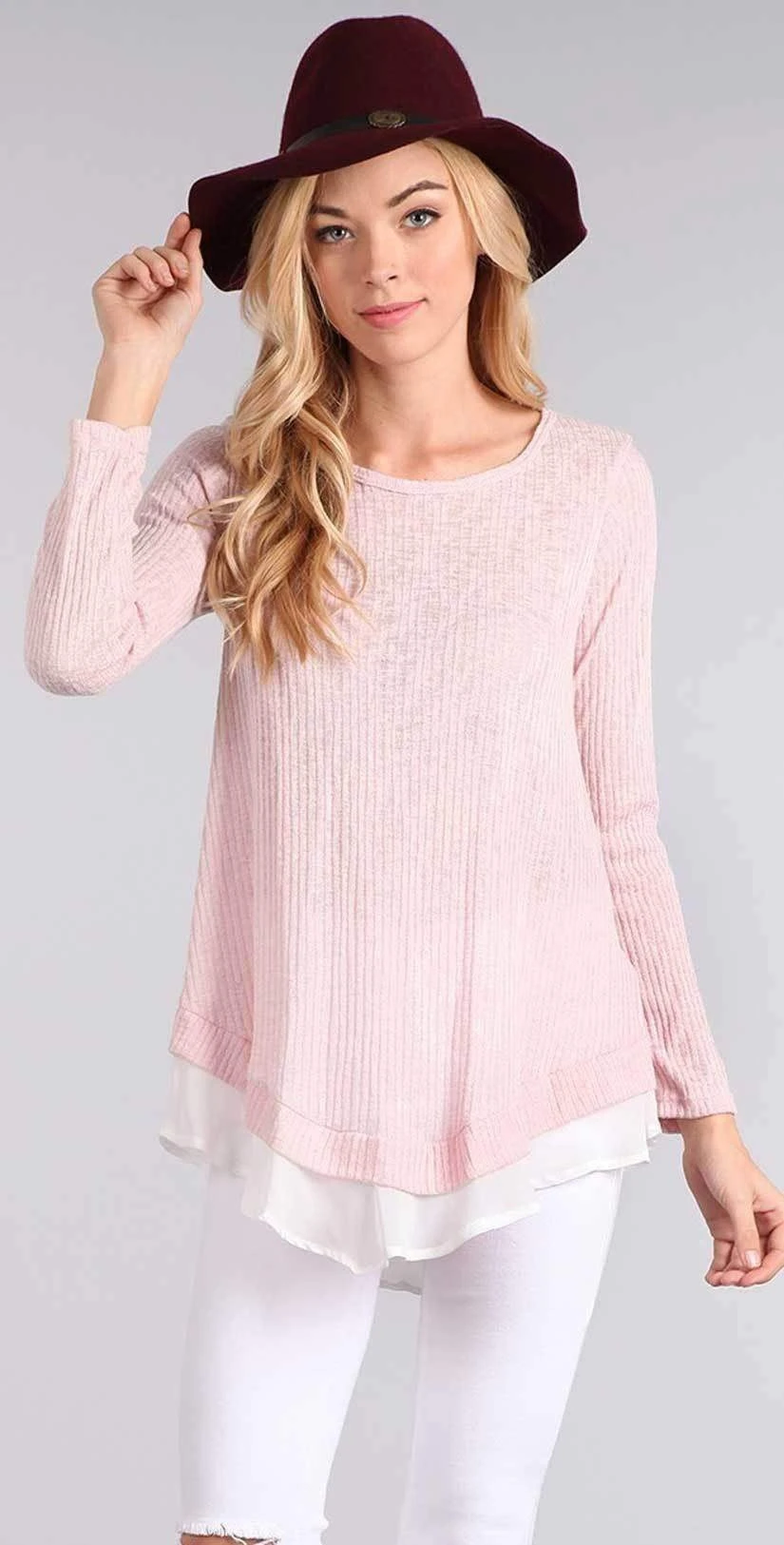 Chris And Carol Knit Sweater With Chiffon Detail In Pink 1601066T 1 Chris And Carol Knit Sweater With Chiffon Detail In Pink 1601066T