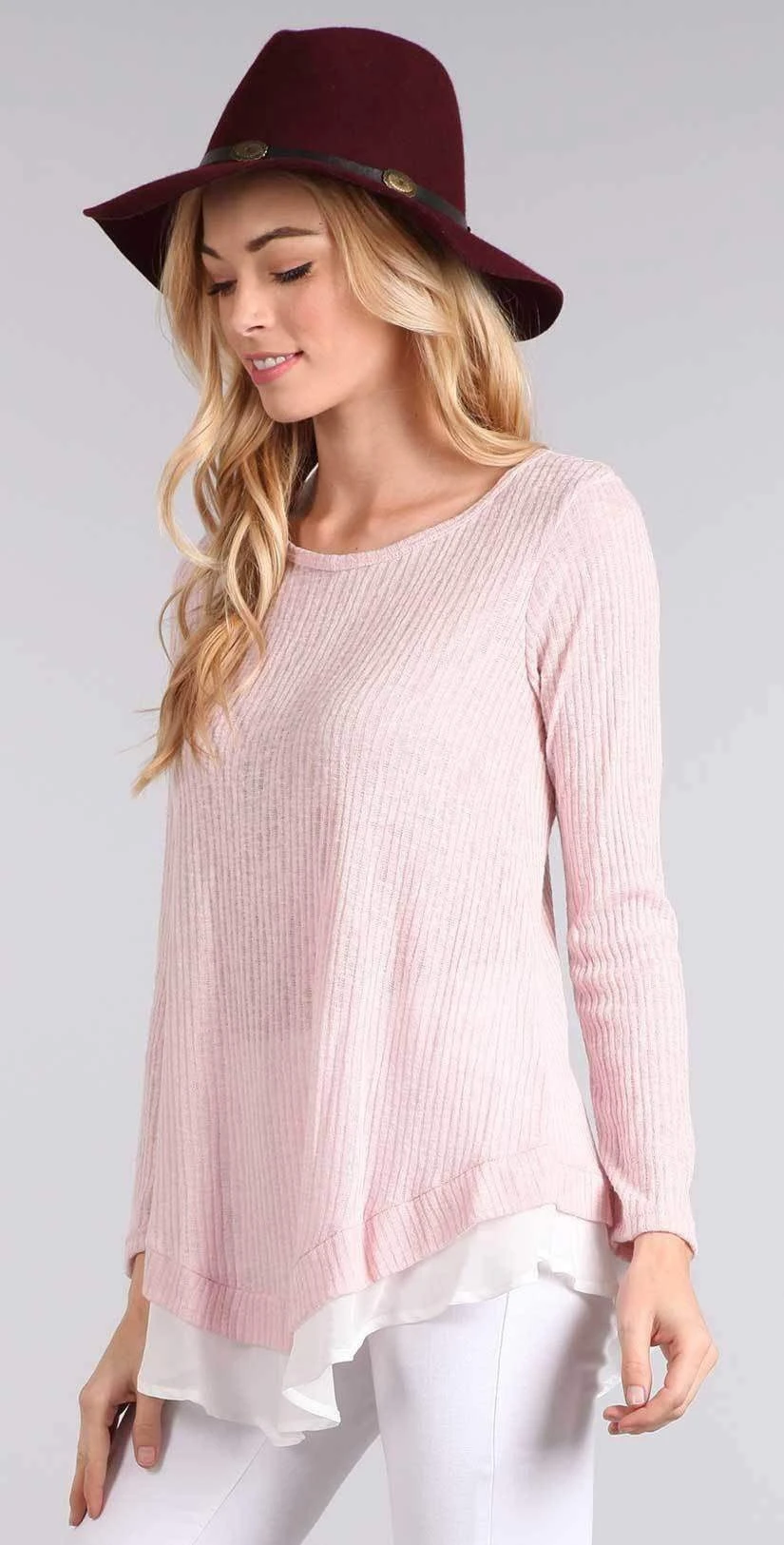 Chris And Carol Knit Sweater With Chiffon Detail In Pink 1601066T 3 Chris And Carol Knit Sweater With Chiffon Detail In Pink 1601066T - Image 3