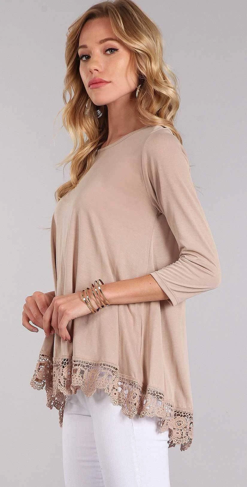 Chris And Carol Lace Bottom Trim With 3/4 Sleeves In Beige CTB018 3 Chris And Carol Lace Bottom Trim With 3/4 Sleeves In Beige CTB018 - Image 3