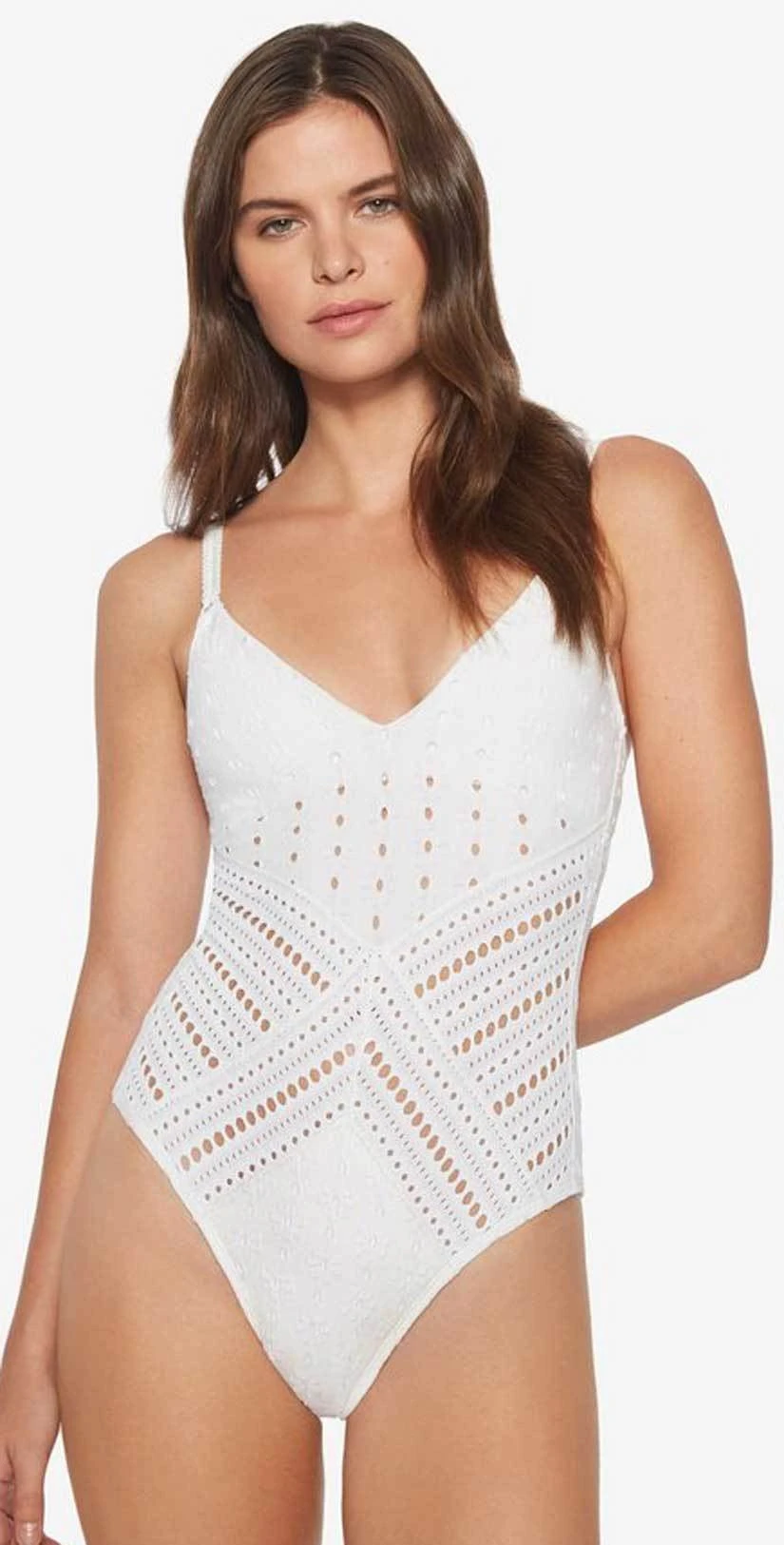 Robin Piccone Clarissa V Neck Crochet One Piece In White 180311-WHT 1 Robin Piccone Clarissa V Neck Crochet One Piece In White 180311-WHT